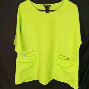 Ali Miles Boho Top Shirt Blouse 100% Linen Tunic 3/4 Sleeve Lime Green